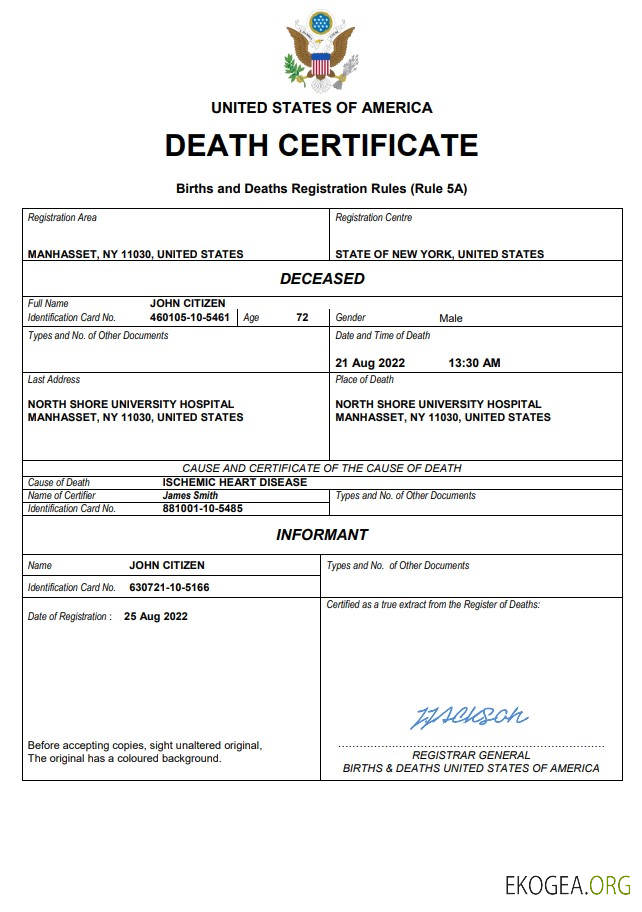 Modèle Word et PDF de certificat de décès de l'état civil des États Unis
